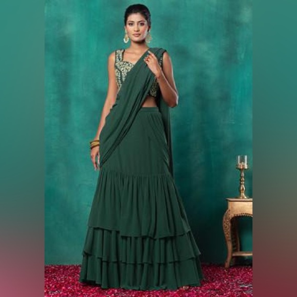 Stunning Green & Gold Pre-Stitched Saree (worn once)